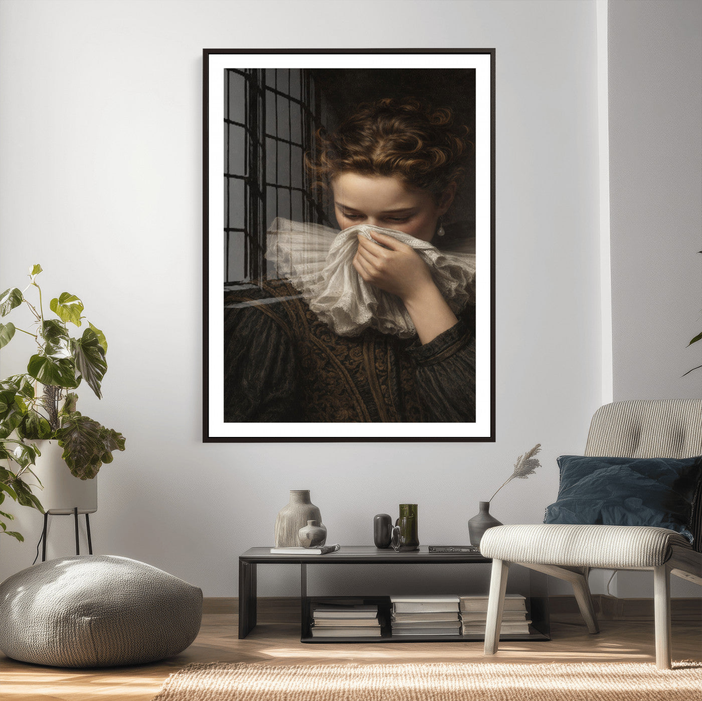 62652430-MGV-CV-24X36 - Baroque Portrait Canvas Wall Art, Flemish Woman with Lace Collar Print for Bathroom Wall Art, Funny Toilet Decor, Renaissance Style Portrait, Moody Vintage Wall Art