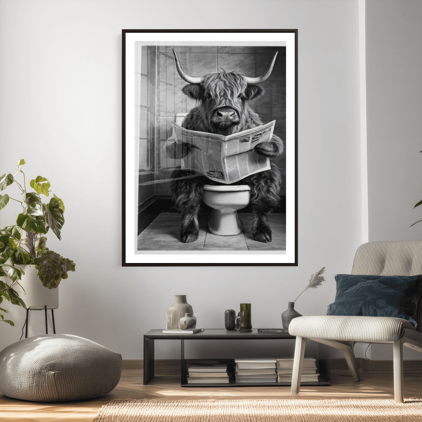 56930218-MGV-CV-24X36 - Funny Bathroom Canvas Wall Art, Texas Longhorn on Toilet Reading Newspaper, Humor Animal Print, Farmhouse Bathroom Decor, Quirky Cow Gift, Toilet Room Art