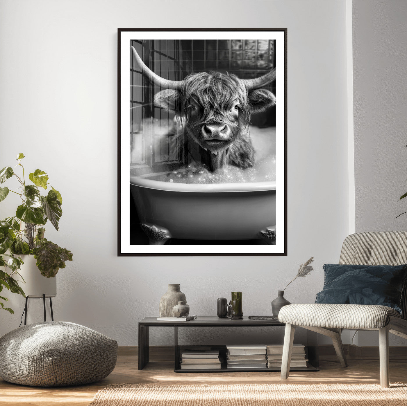 44020264-MGV-CV-24X36 - Highland Cow Bathtub Canvas Wall Art, Funny Bathroom Print Black White, Grumpy Cow Bubble Bath Decor, Animal Bathroom Art, Farmhouse Humor Print, Cute Cow Gift