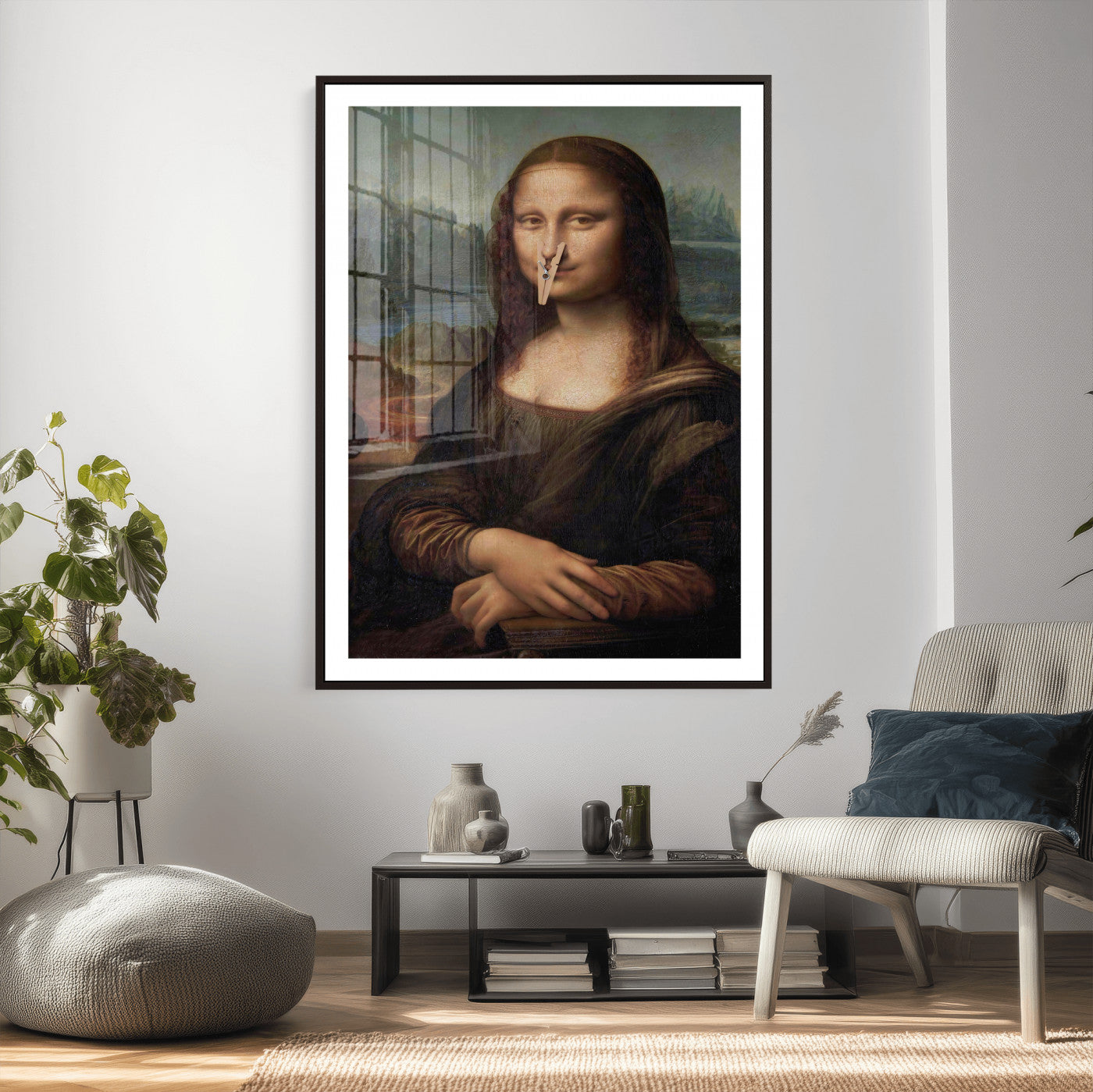 59125950-MGV-CV-24X36 - Funny Bathroom Canvas Wall Art Print, Mona Lisa Clothespin Nose Humor Decor, Classic Art Parody, Toilet Room Wall Art, Quirky Housewarming Gift, Eclectic Home Decor