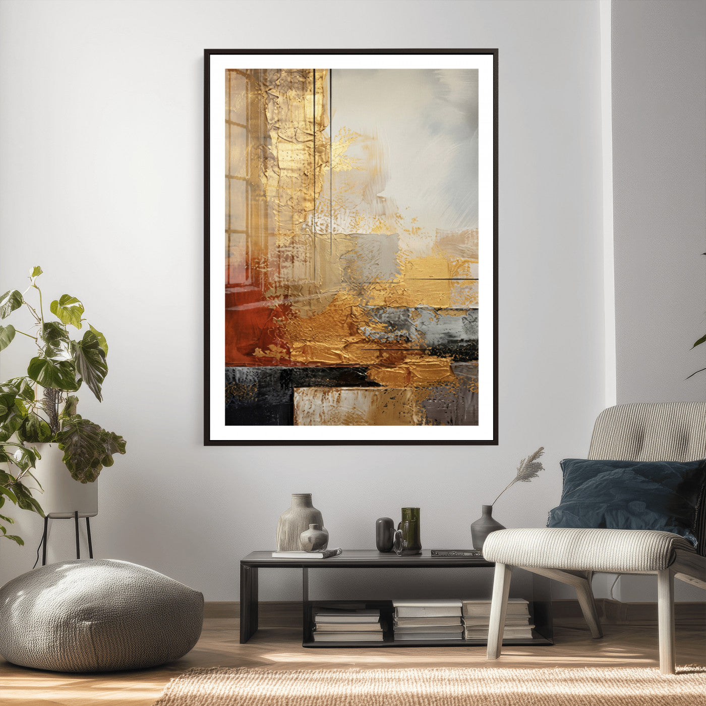 98453723G-MGV-CV-24X36 - Gold Abstract Canvas Wall Art, Luxury Textured Style Gold Leaf Painting Print, Modern Glam Decor, Gold Grey Rust Abstract Art, Living Room Statement Art