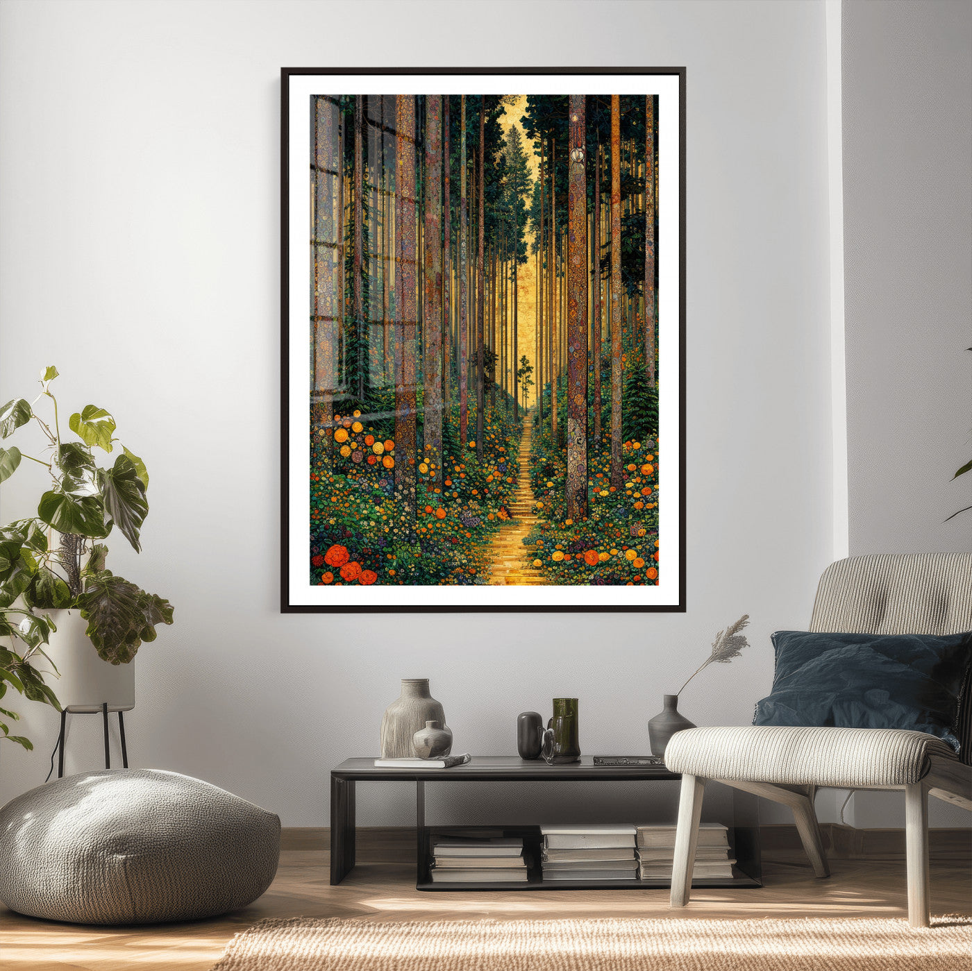 14391546-MGV-CV-24X36 - Gustav Klimt Style Forest Canvas Wall Art, Golden Forest Path Floral Art Nouveau Print, Enchanted Woodland Decor, Maximalist Colorful Nature Art