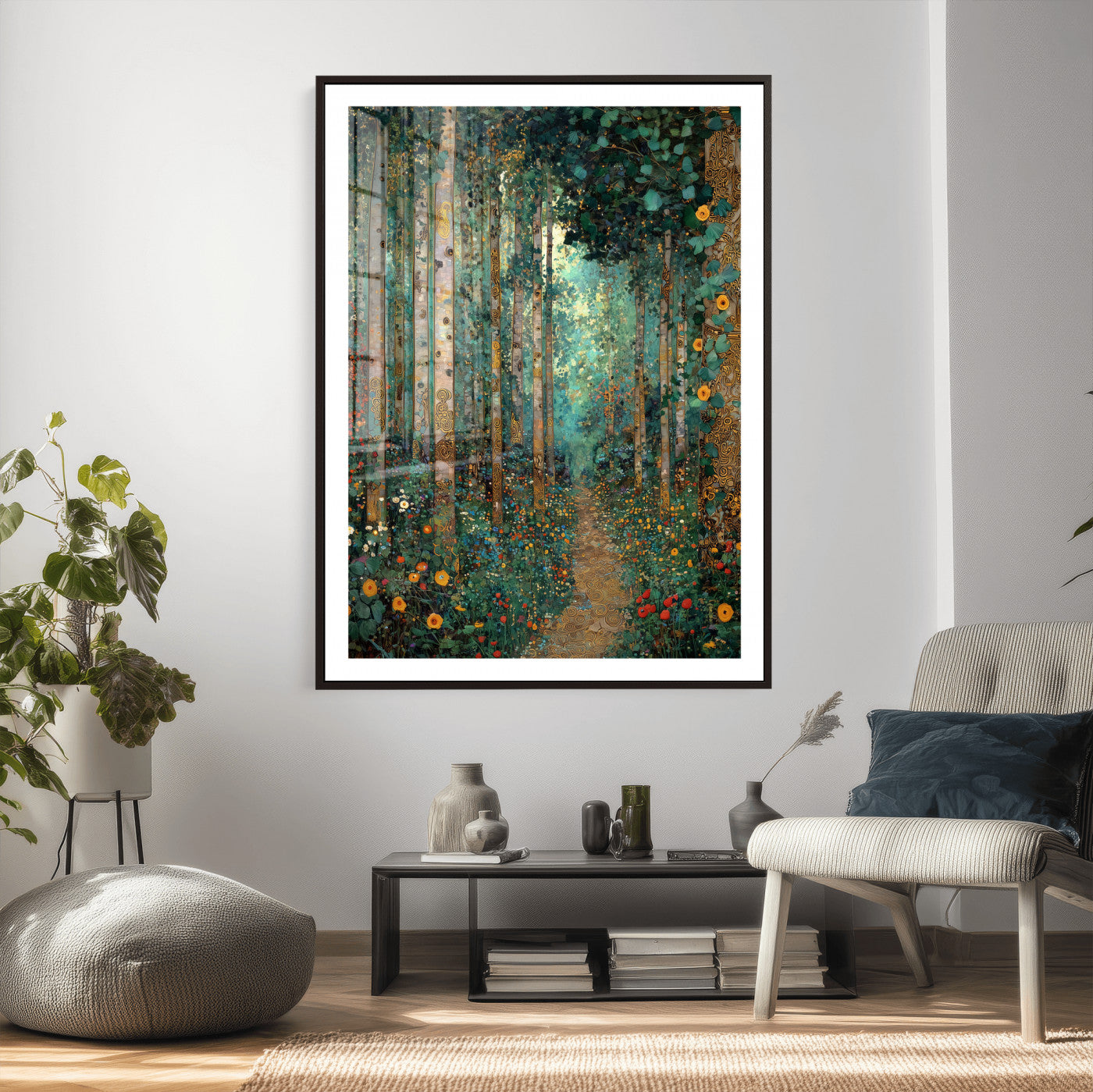 76587981-MGV-CV-24X36 - Gustav Klimt Style Forest Canvas Wall Art, Golden Forest Path Floral Art Nouveau Print, Enchanted Woodland Decor, Maximalist Colorful Nature Art