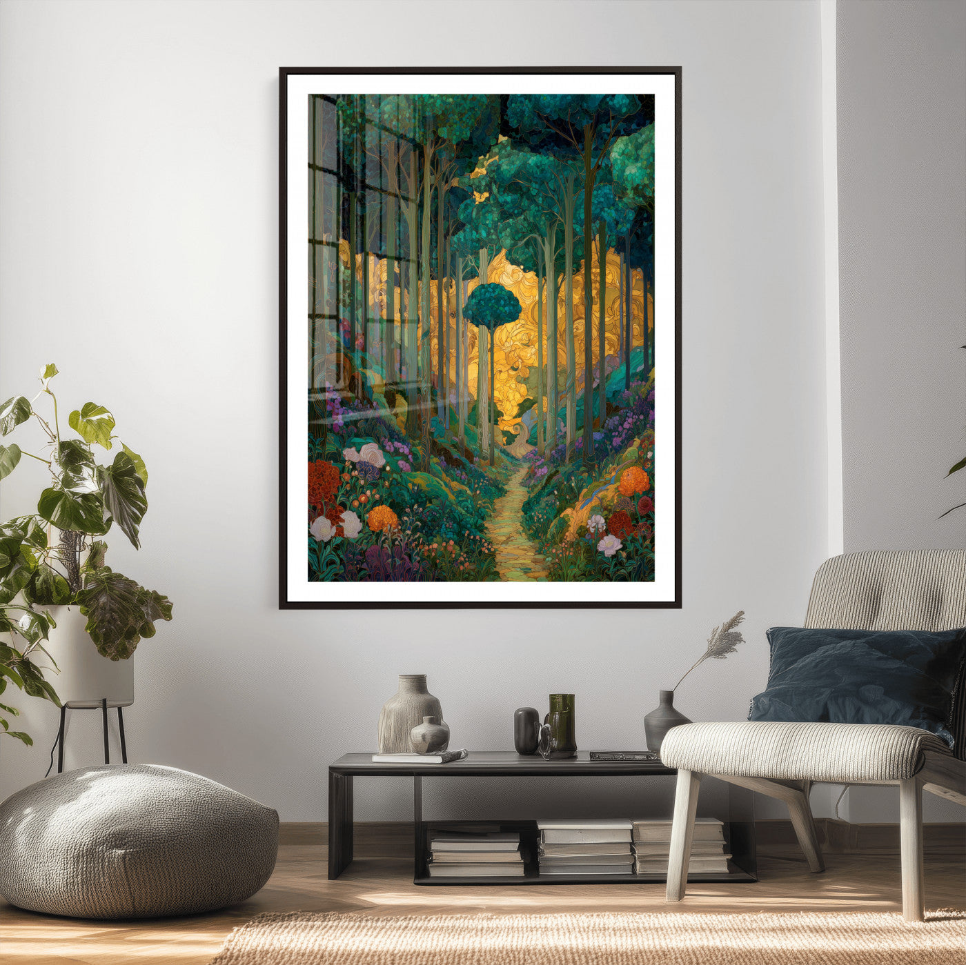 70159913-MGV-CV-24X36 - Gustav Klimt Style Forest Canvas Wall Art, Golden Forest Path Floral Art Nouveau Print, Enchanted Woodland Decor, Maximalist Colorful Nature Art