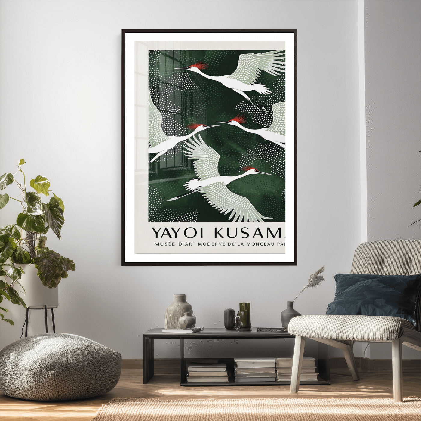 63036906-MGV-CV-24X36 - Yayoi Kusama Crane Bird Wall Art Canvas Print, Japanese Inspired Flying Heron Framed Artwork, Green Botanical Nature Decor for Living Room Bedroom Office