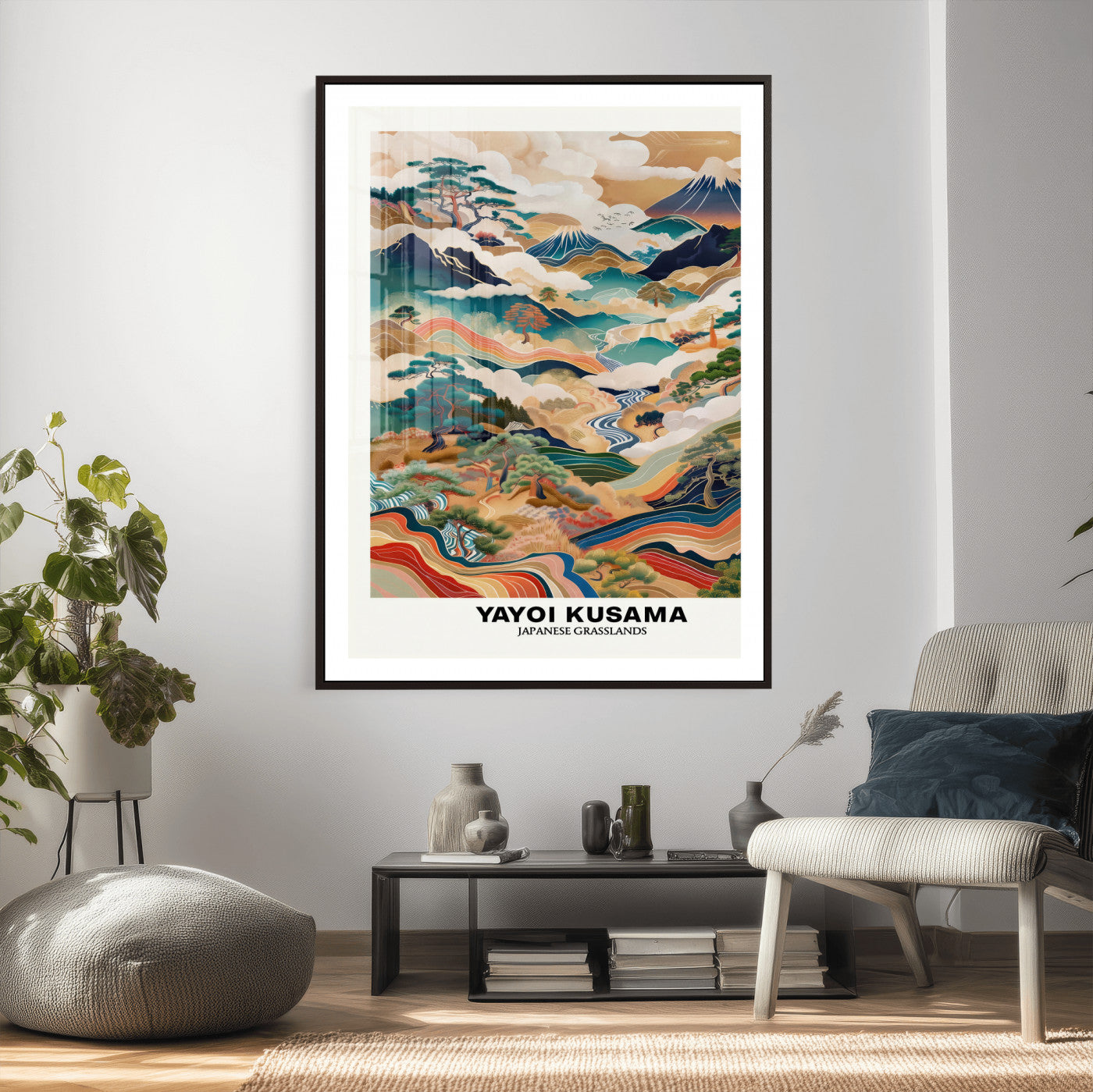 71553303-MGV-CV-24X36 - Yayoi Kusama Japanese Landscape Wall Art Canvas Print, Colorful Mountain and River Framed Artwork, Nature Inspired Asian Scenic Decor for Living Room Bedroom Office