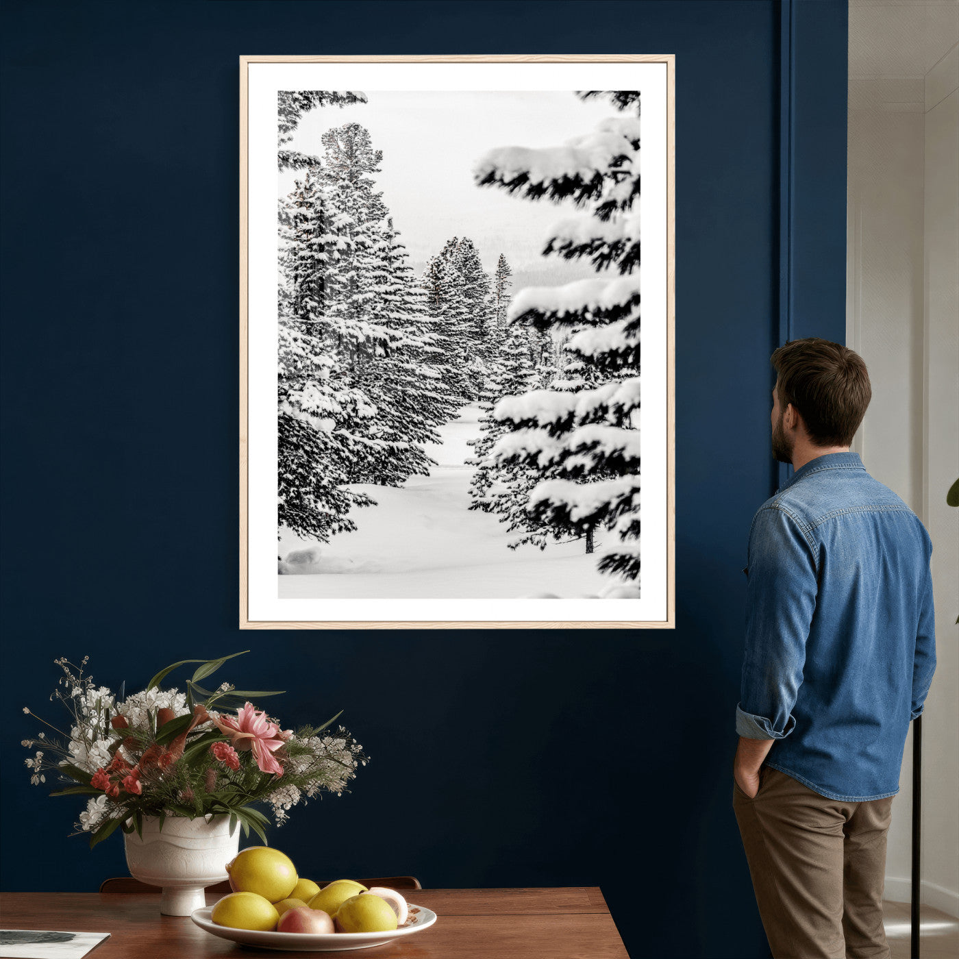 42534505-MGV-CV-24X36 - Snowy Pine Forest Wall Art Canvas Print, Minimal Winter Woodland Landscape, Black and White Nature Artwork