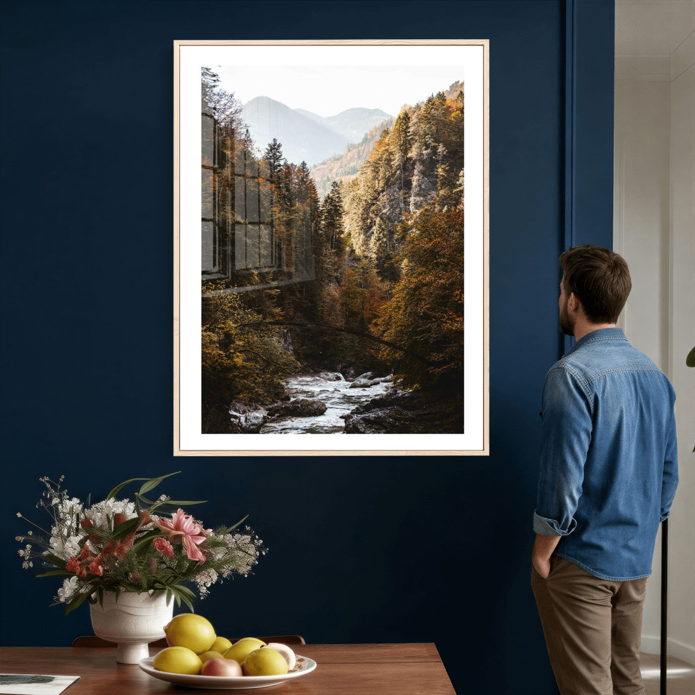 73651627-MGV-CV-24X36 - Autumn Forest Mountain Wall Art Canvas Print, Nature Landscape Wall Decor, Scenic River Forest Artwork, Rustic Woodland Canvas Wall Art, Framed Canvas Wall Art Ready to Hangq