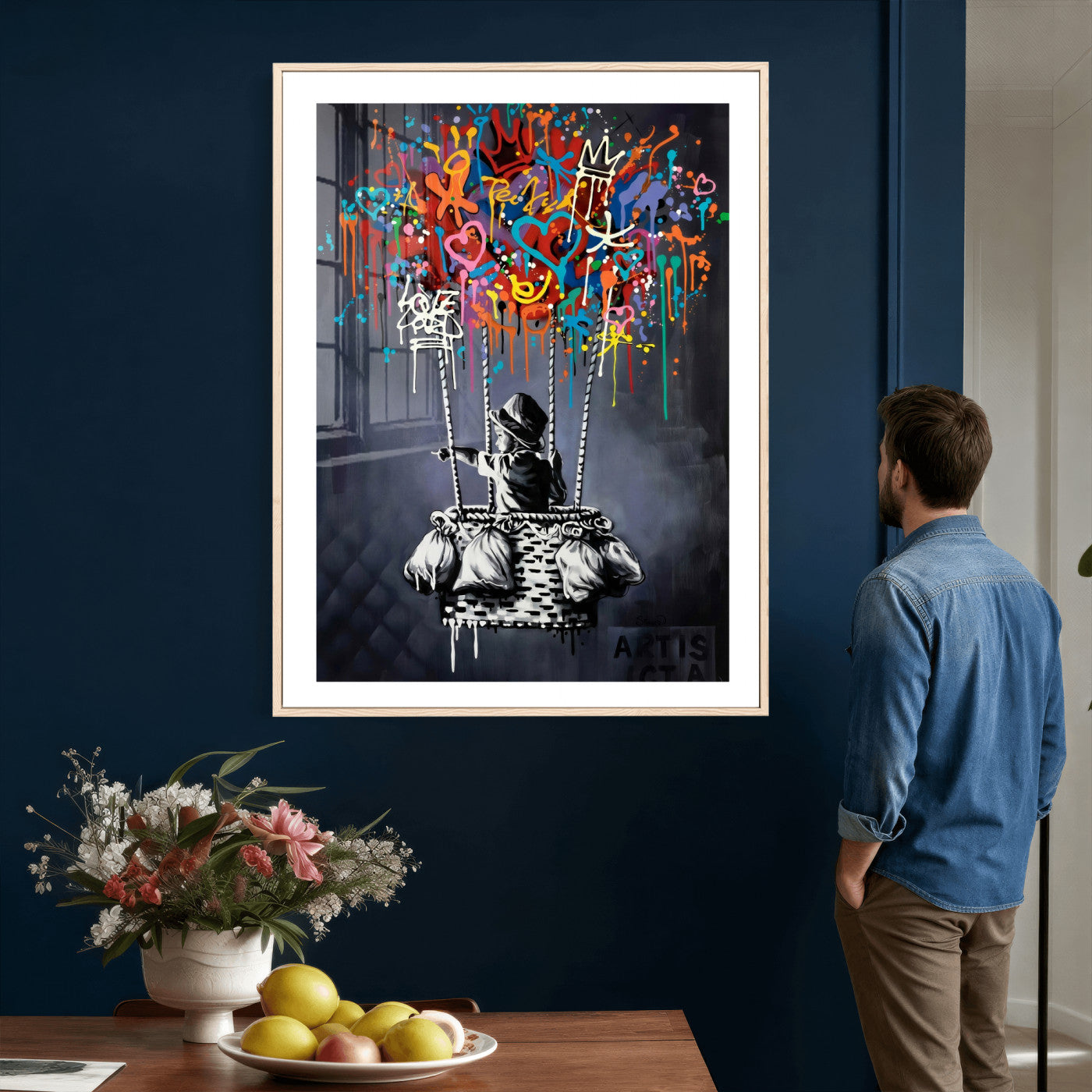 87352999-MGV-CV-24X36 - Banksy Inspired Boy Swing Wall Art Canvas Print, Graffiti Balloon Hearts Street Art, Colorful Urban Mural Artwork for Modern Living Room Decor
