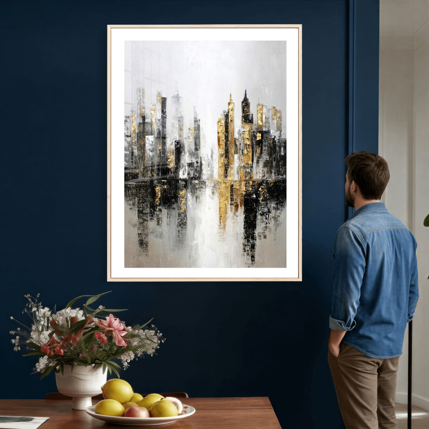 38126217-MGV-CV-24X36 - Abstract Urban Reflection Wall Art Canvas Print, Gold Black Modern Architecture Canvas Print, Contemporary Moody City Artwork for Living Room Decor