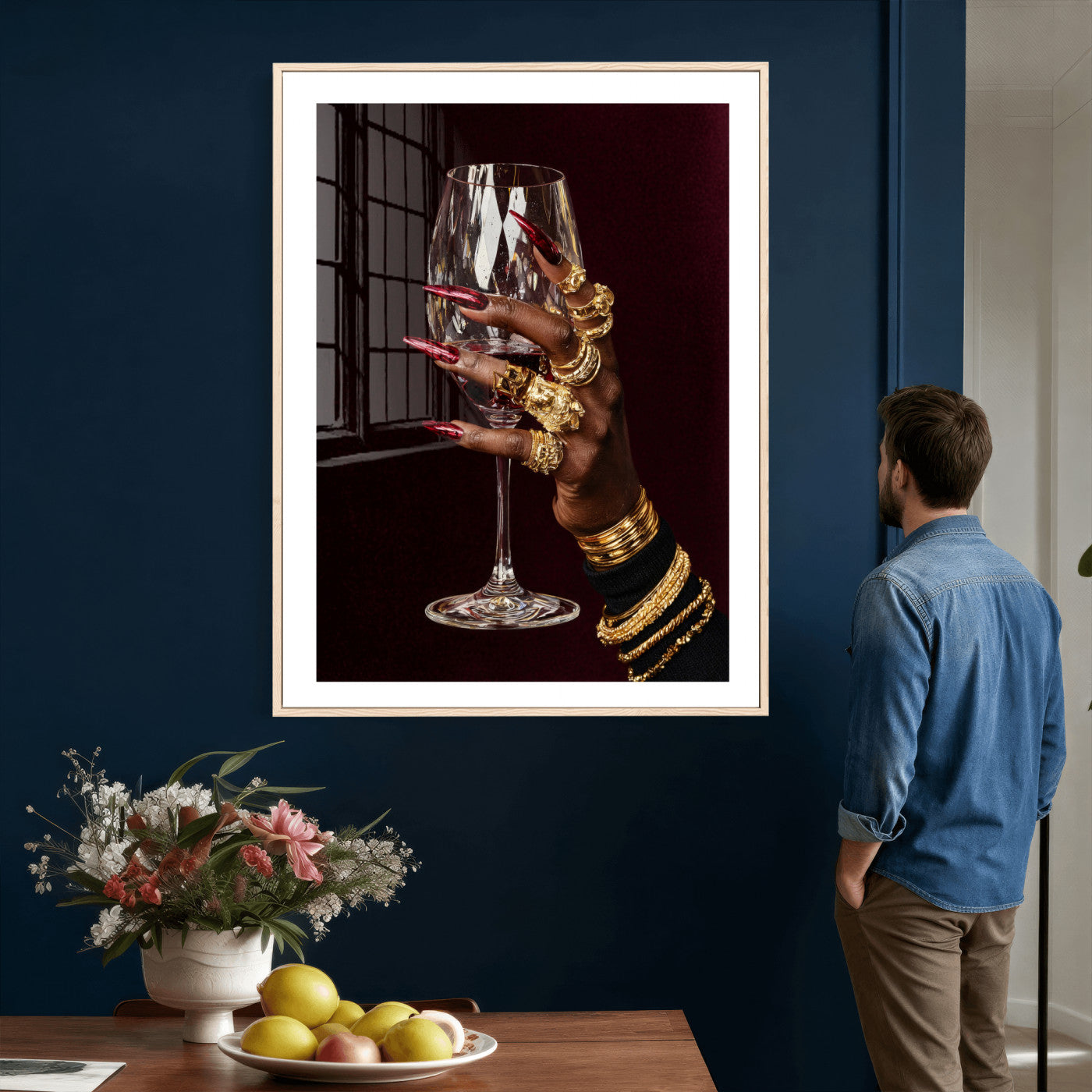 8151788Y6-MGV-CV-24X36 - Black Woman Holding Elegant Wine Glass Art, Black Girl Art, Black Woman Art, Trendy Black Girl Wall Art