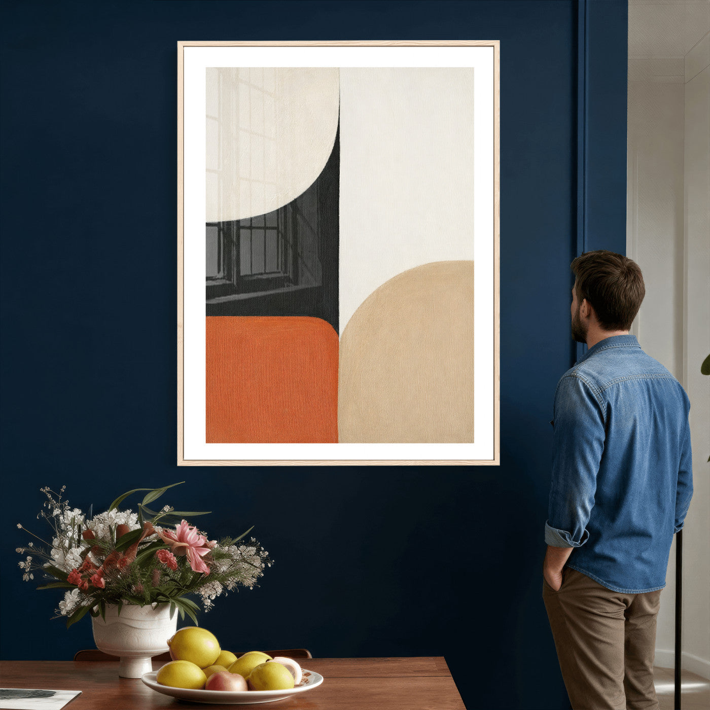 38800649-MGV-CV-24X36 - Geometric Abstract Wall Art Canvas Print, Orange Blue Abstract Expressionist Painting Print, Modern Geometric Abstract Canvas Art