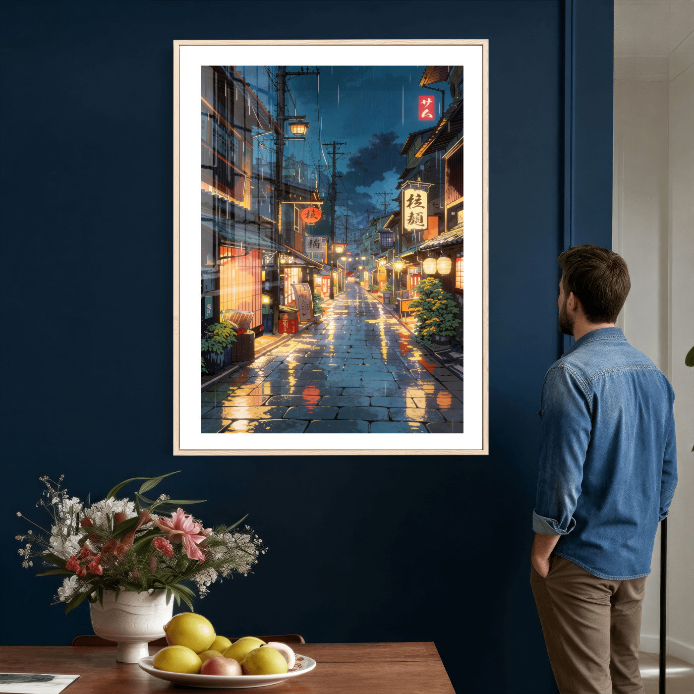4712069J1-MGV-CV-24X36 - Tokyo Tea House Canvas Wall Art — Japan Rainy Night Street Print | Anime Style Decor | Japanese Tea House Art | Tokyo City Gift