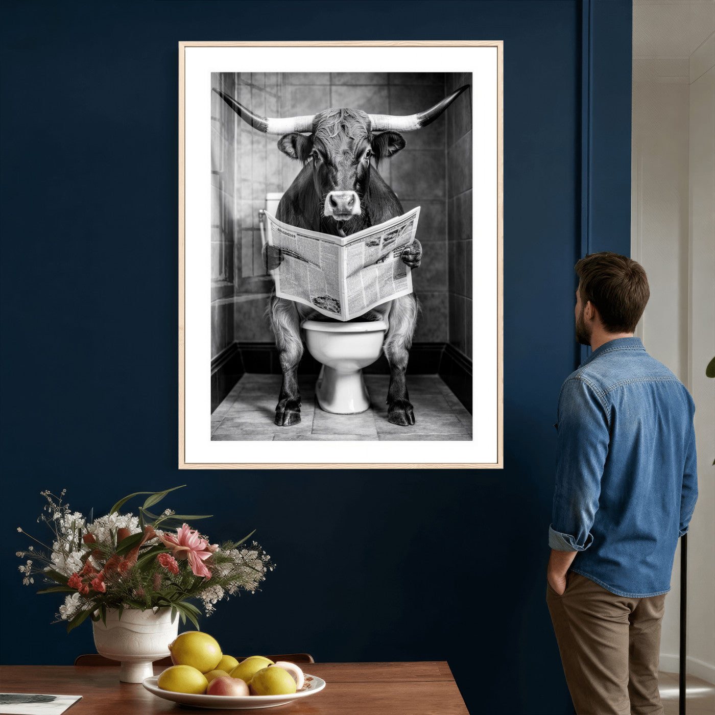 77994492-MGV-CV-24X36 - Texas Longhorn Cow Toilet Paper Canvas Wall Art, Funny Bathroom Black White Print, Cute Animal Humor Decor, Quirky Farmhouse Bathroom Art, Cow Lover Gift