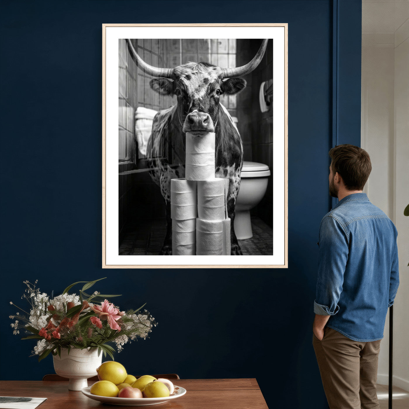 79259956-MGV-CV-24X36 - Texas Longhorn Cow Toilet Paper Canvas Wall Art, Funny Bathroom Black White Print, Cute Animal Humor Decor, Quirky Farmhouse Bathroom Art, Cow Lover Gift
