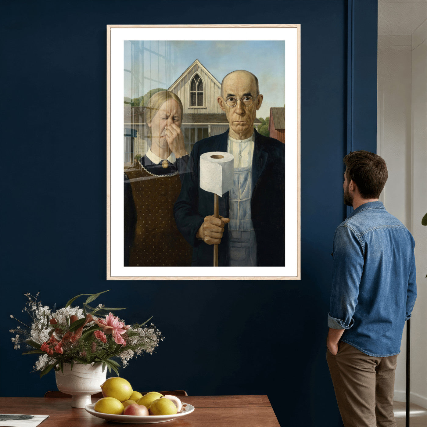 46805085-MGV-CV-24X36 - Funny Bathroom Canvas Wall Art, Grant Wood American Gothic Toilet Paper Parody Print, Humor Bathroom Decor, Classic Art Spoof, Quirky Housewarming Gift