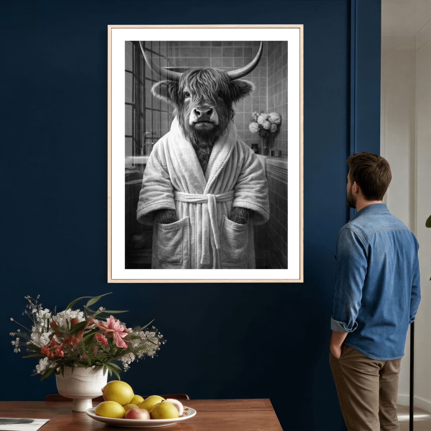 98453723-MGV-CV-24X36 - Funny Bathroom Wall Art Canvas Print, Highland Cow in Bathrobe, Black and White Humor Decor, Animal Bathroom Print, Farmhouse Bathroom Art