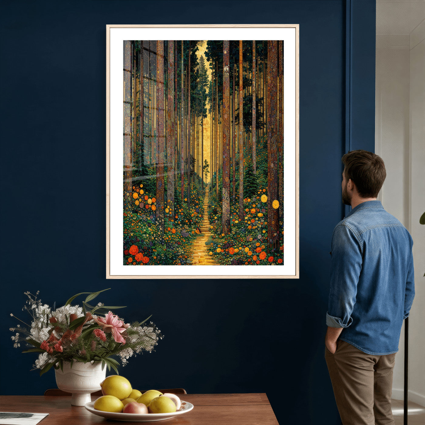 14391546-MGV-CV-24X36 - Gustav Klimt Style Forest Canvas Wall Art, Golden Forest Path Floral Art Nouveau Print, Enchanted Woodland Decor, Maximalist Colorful Nature Art