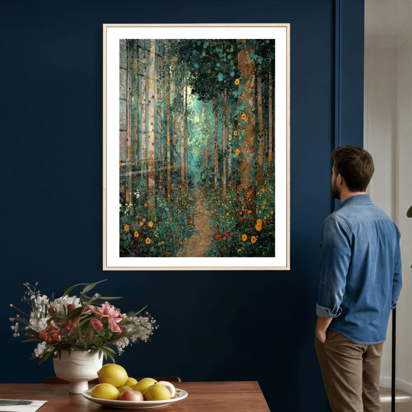 76587981-MGV-CV-24X36 - Gustav Klimt Style Forest Canvas Wall Art, Golden Forest Path Floral Art Nouveau Print, Enchanted Woodland Decor, Maximalist Colorful Nature Art