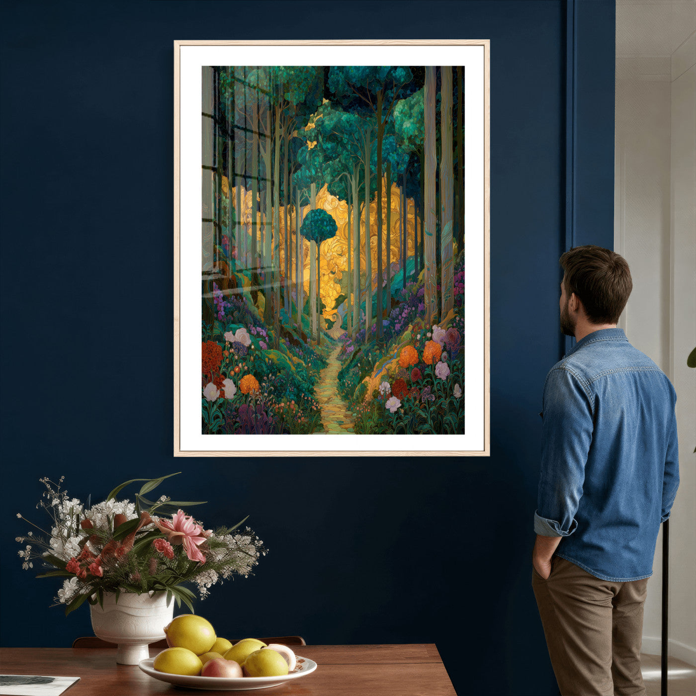 70159913-MGV-CV-24X36 - Gustav Klimt Style Forest Canvas Wall Art, Golden Forest Path Floral Art Nouveau Print, Enchanted Woodland Decor, Maximalist Colorful Nature Art