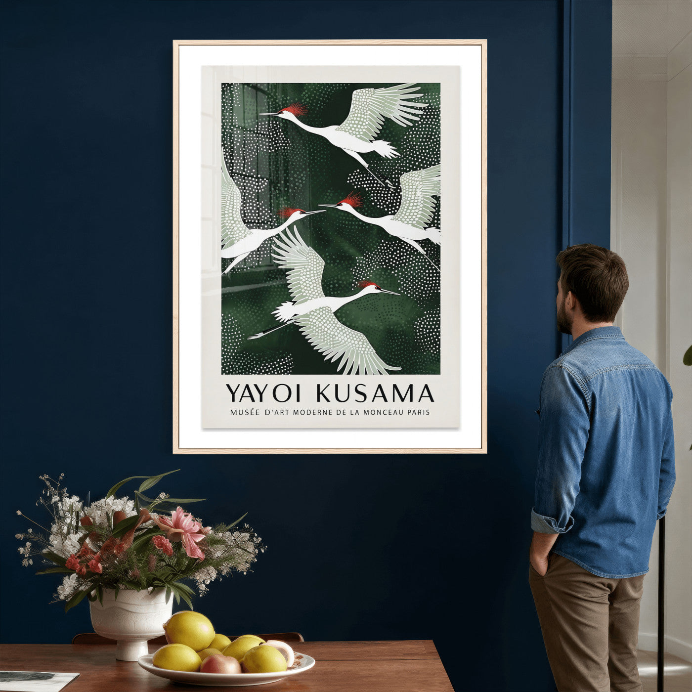 63036906-MGV-CV-24X36 - Yayoi Kusama Crane Bird Wall Art Canvas Print, Japanese Inspired Flying Heron Framed Artwork, Green Botanical Nature Decor for Living Room Bedroom Office