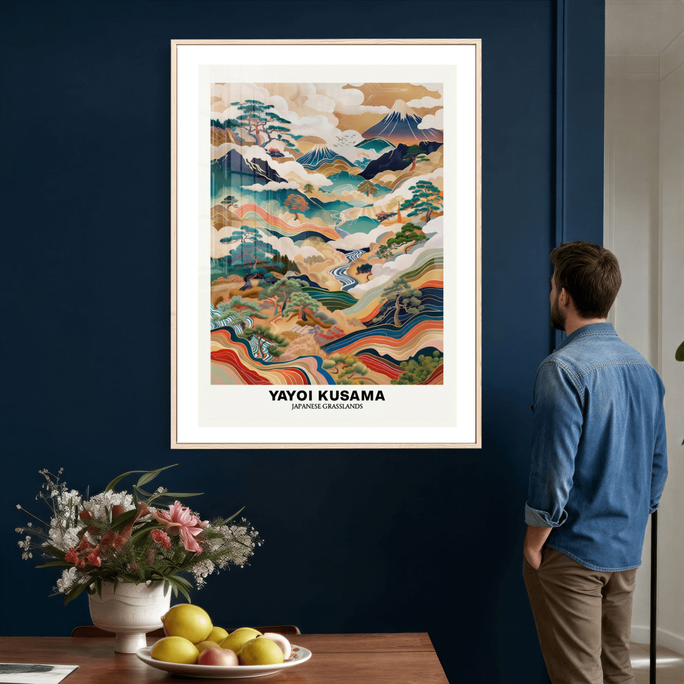 71553303-MGV-CV-24X36 - Yayoi Kusama Japanese Landscape Wall Art Canvas Print, Colorful Mountain and River Framed Artwork, Nature Inspired Asian Scenic Decor for Living Room Bedroom Office