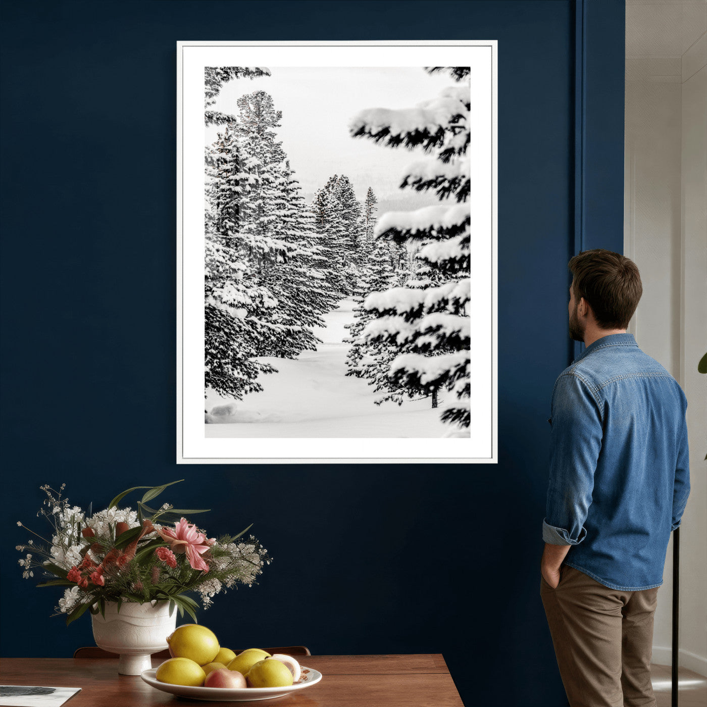 42534505-MGV-CV-24X36 - Snowy Pine Forest Wall Art Canvas Print, Minimal Winter Woodland Landscape, Black and White Nature Artwork