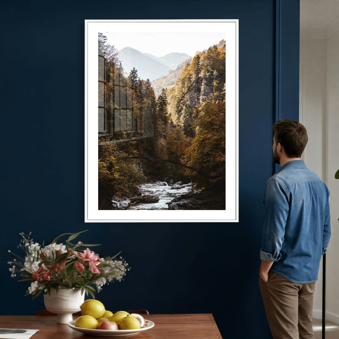 73651627-MGV-CV-24X36 - Autumn Forest Mountain Wall Art Canvas Print, Nature Landscape Wall Decor, Scenic River Forest Artwork, Rustic Woodland Canvas Wall Art, Framed Canvas Wall Art Ready to Hangq