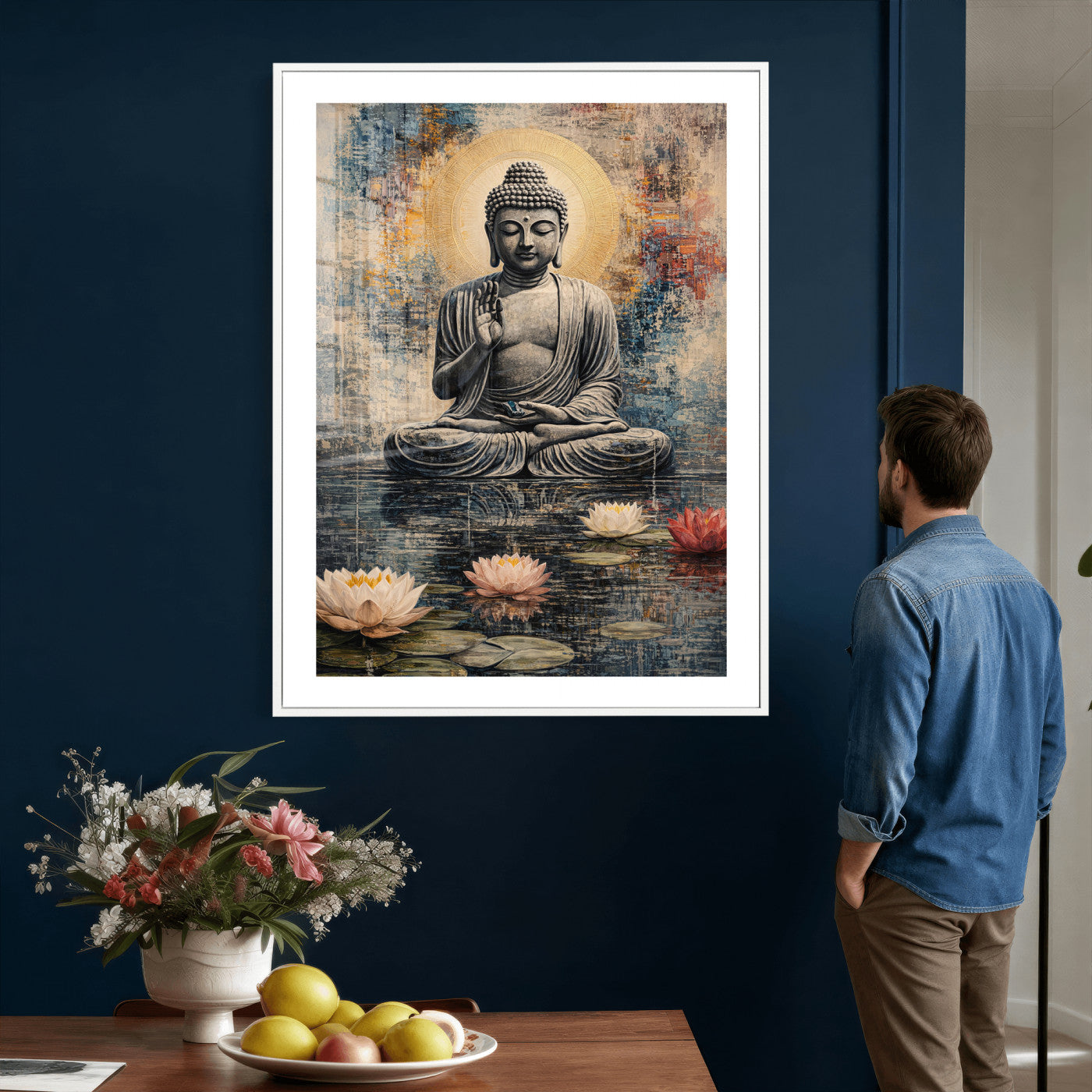 3812625445543-MGV-CV-24X36 - Serene Buddha with Lotus Flowers | Tranquil Meditation Art | Zen Wall Decor for Mindful Living Spaces | Spiritual Canvas Print