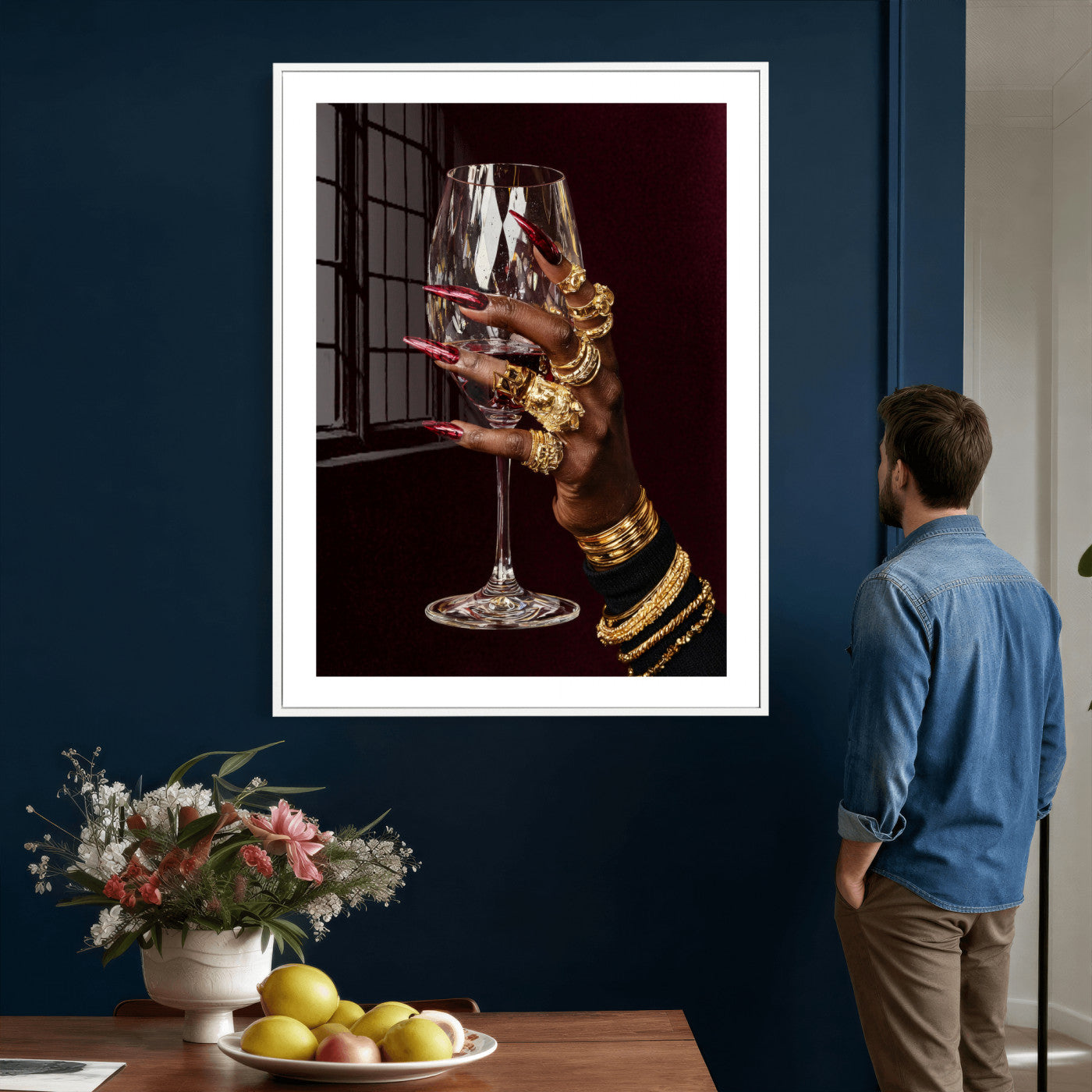 8151788Y6-MGV-CV-24X36 - Black Woman Holding Elegant Wine Glass Art, Black Girl Art, Black Woman Art, Trendy Black Girl Wall Art