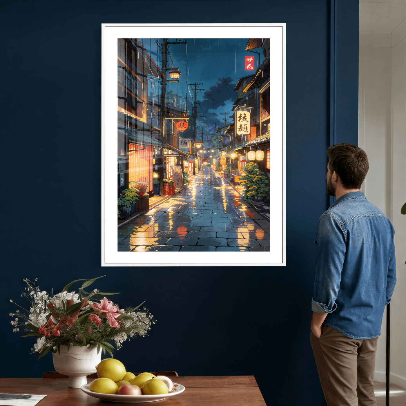 4712069J1-MGV-CV-24X36 - Tokyo Tea House Canvas Wall Art — Japan Rainy Night Street Print | Anime Style Decor | Japanese Tea House Art | Tokyo City Gift