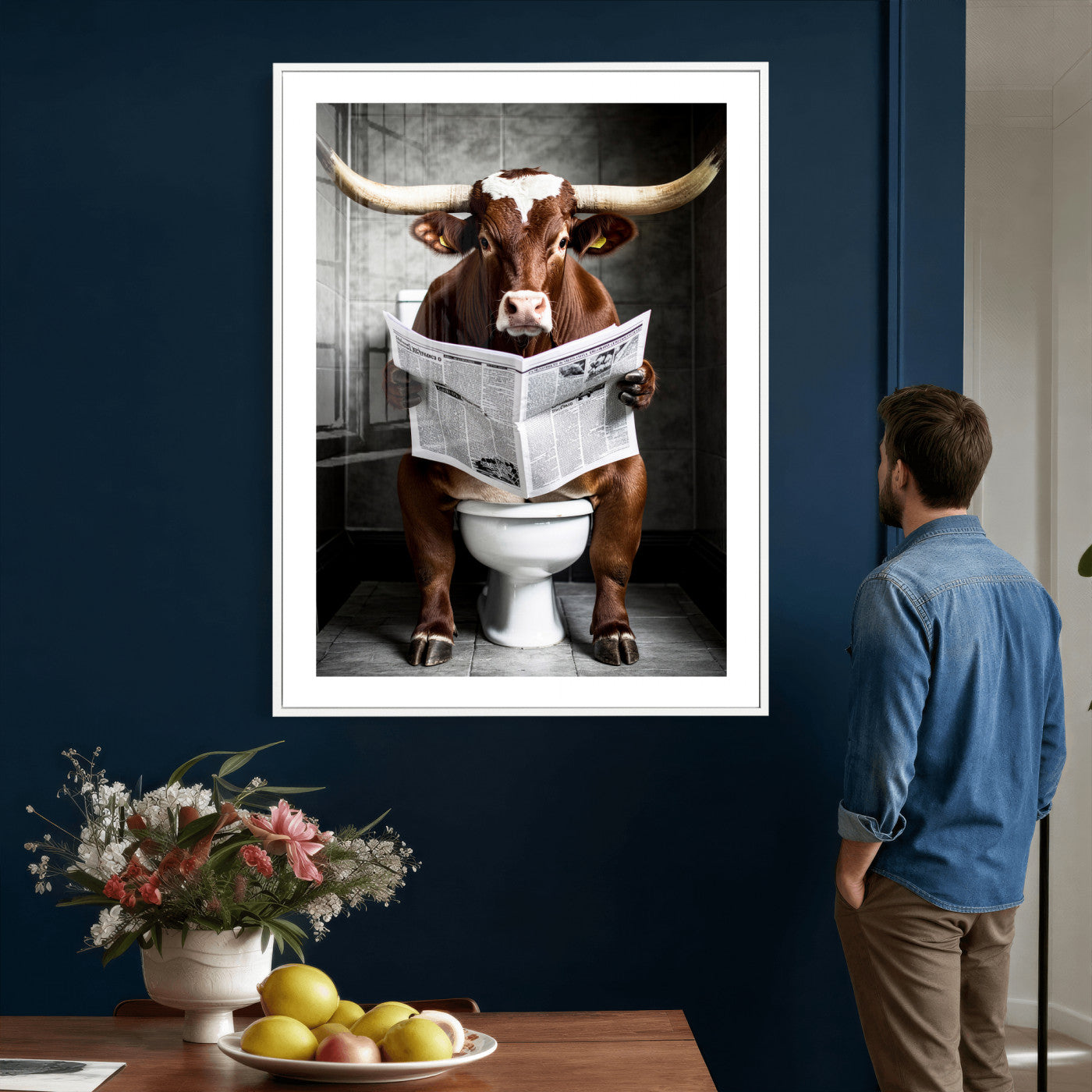 69808726-MGV-CV-24X36 - Texas Longhorn Cow Toilet Paper Canvas Wall Art, Funny Bathroom Black White Print, Cute Animal Humor Decor, Quirky Farmhouse Bathroom Art, Cow Lover Gift
