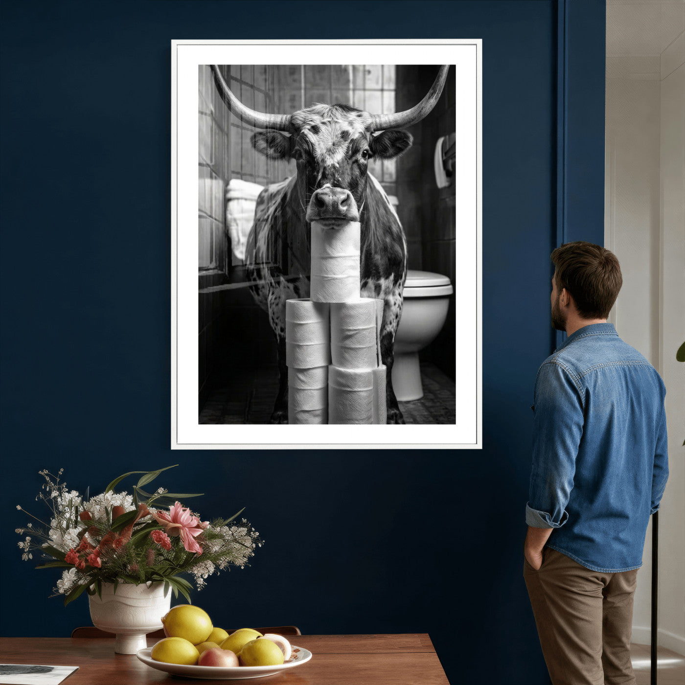 79259956-MGV-CV-24X36 - Texas Longhorn Cow Toilet Paper Canvas Wall Art, Funny Bathroom Black White Print, Cute Animal Humor Decor, Quirky Farmhouse Bathroom Art, Cow Lover Gift