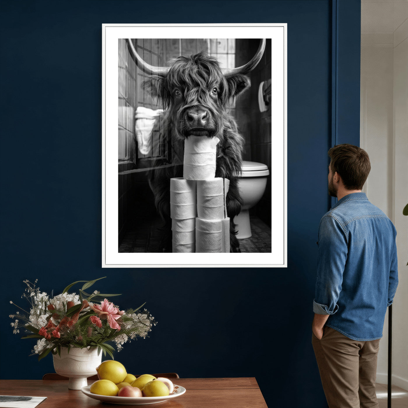 95909209-MGV-CV-24X36 - Highland Cow Toilet Paper Canvas Wall Art, Funny Bathroom Black White Print, Cute Animal Humor Decor, Quirky Farmhouse Bathroom Art, Cow Lover Gift