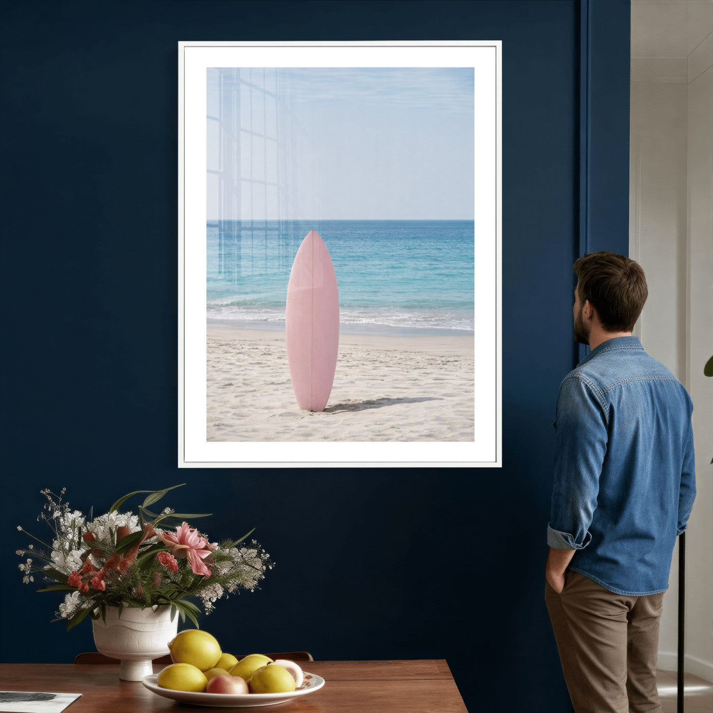 17265103-MGV-CV-24X36 - Pink Surfboard Canvas Wall Art, Minimalist Beach Photography Print, Pastel Ocean Coastal Decor, Girl Beach Room Art, Aesthetic Summer Wall Print