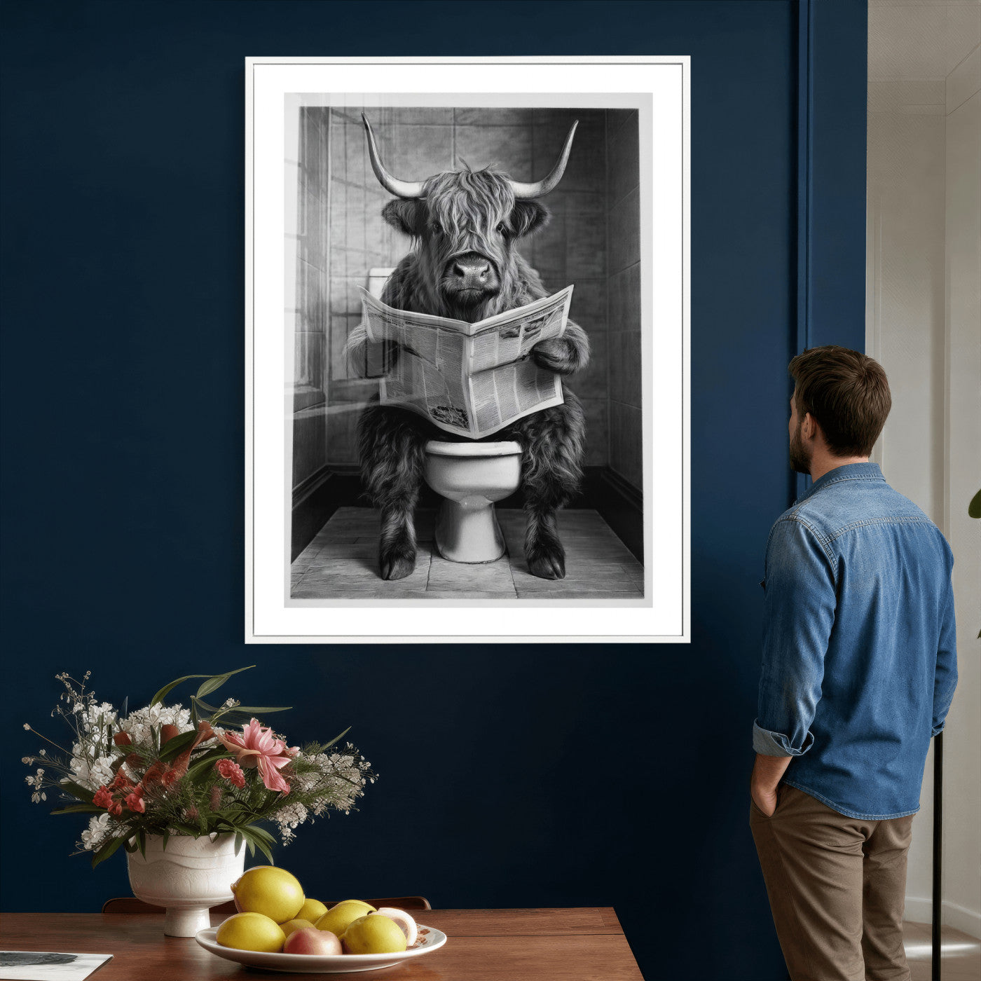 56930218-MGV-CV-24X36 - Funny Bathroom Canvas Wall Art, Texas Longhorn on Toilet Reading Newspaper, Humor Animal Print, Farmhouse Bathroom Decor, Quirky Cow Gift, Toilet Room Art