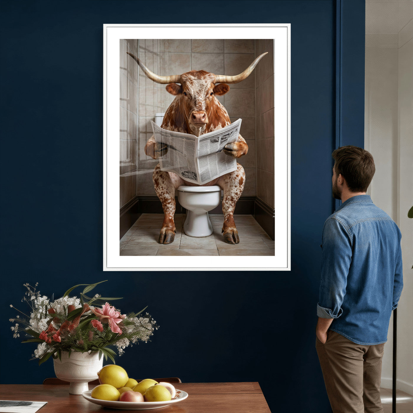 17728527-MGV-CV-24X36 - Funny Bathroom Canvas Wall Art, Texas Longhorn on Toilet Reading Newspaper, Humor Animal Print, Farmhouse Bathroom Decor, Quirky Cow Gift, Toilet Room Art