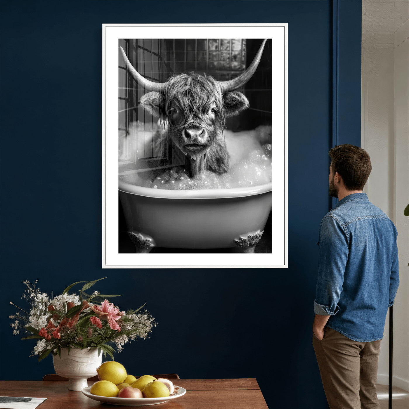 44020264-MGV-CV-24X36 - Highland Cow Bathtub Canvas Wall Art, Funny Bathroom Print Black White, Grumpy Cow Bubble Bath Decor, Animal Bathroom Art, Farmhouse Humor Print, Cute Cow Gift