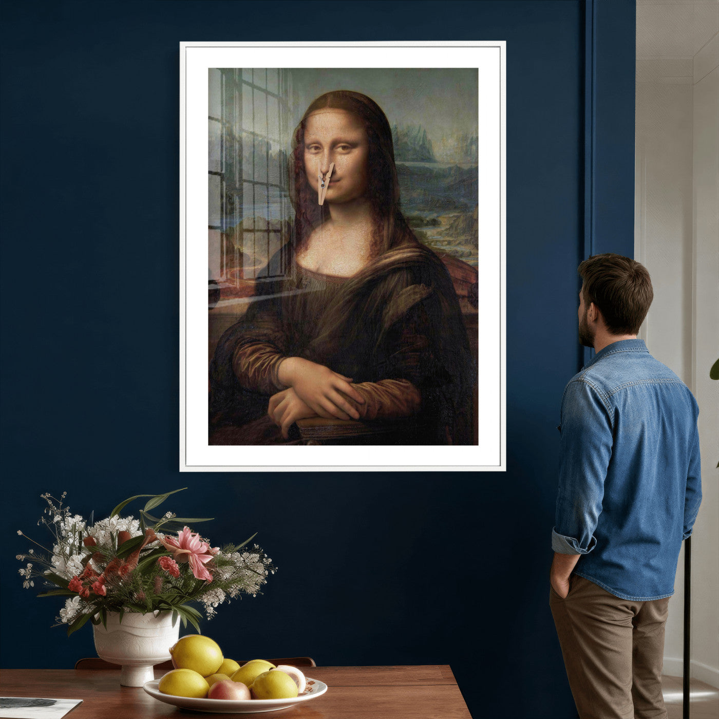 59125950-MGV-CV-24X36 - Funny Bathroom Canvas Wall Art Print, Mona Lisa Clothespin Nose Humor Decor, Classic Art Parody, Toilet Room Wall Art, Quirky Housewarming Gift, Eclectic Home Decor