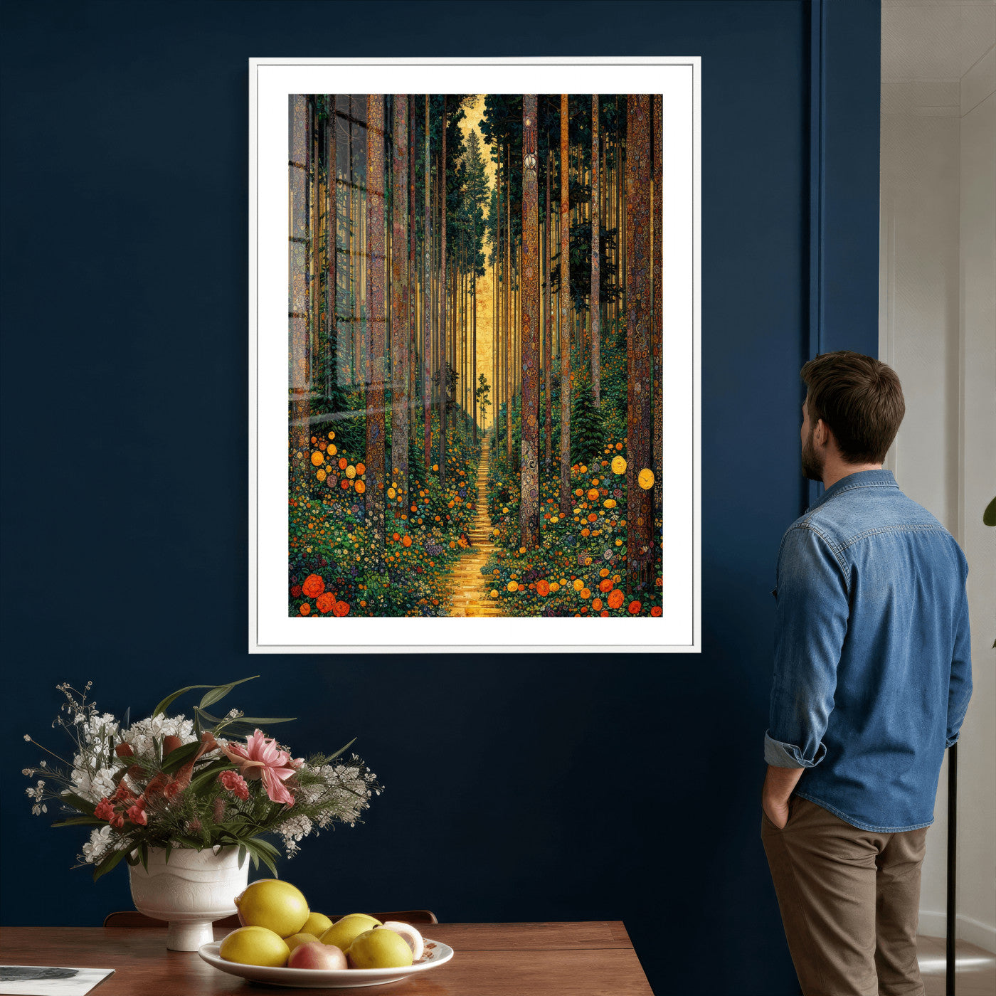 14391546-MGV-CV-24X36 - Gustav Klimt Style Forest Canvas Wall Art, Golden Forest Path Floral Art Nouveau Print, Enchanted Woodland Decor, Maximalist Colorful Nature Art