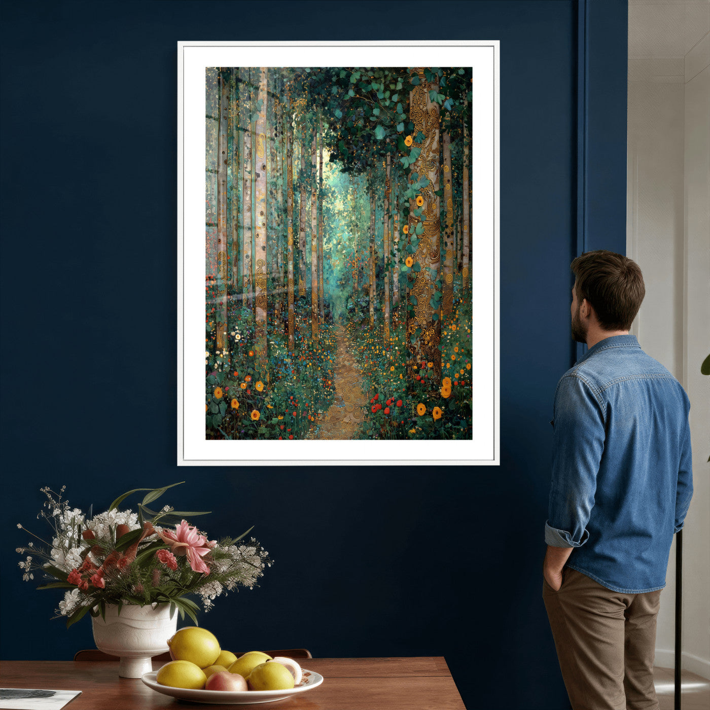 76587981-MGV-CV-24X36 - Gustav Klimt Style Forest Canvas Wall Art, Golden Forest Path Floral Art Nouveau Print, Enchanted Woodland Decor, Maximalist Colorful Nature Art
