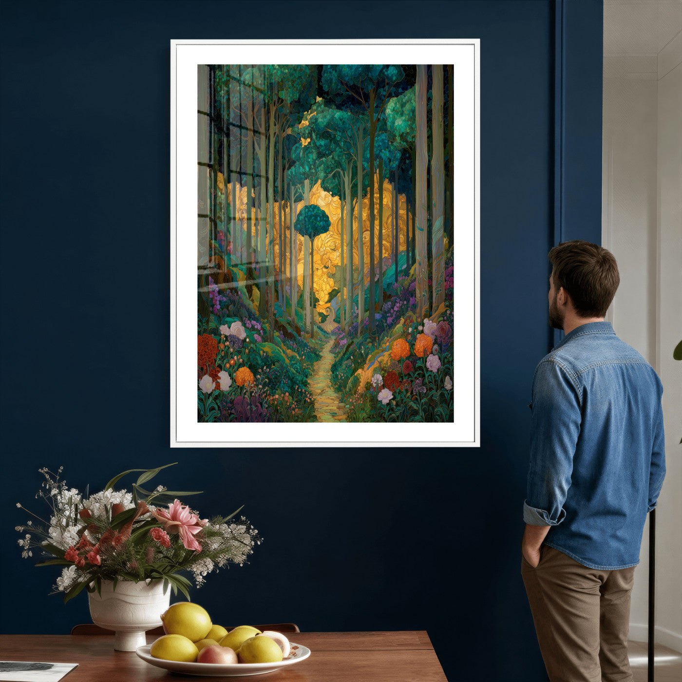 70159913-MGV-CV-24X36 - Gustav Klimt Style Forest Canvas Wall Art, Golden Forest Path Floral Art Nouveau Print, Enchanted Woodland Decor, Maximalist Colorful Nature Art