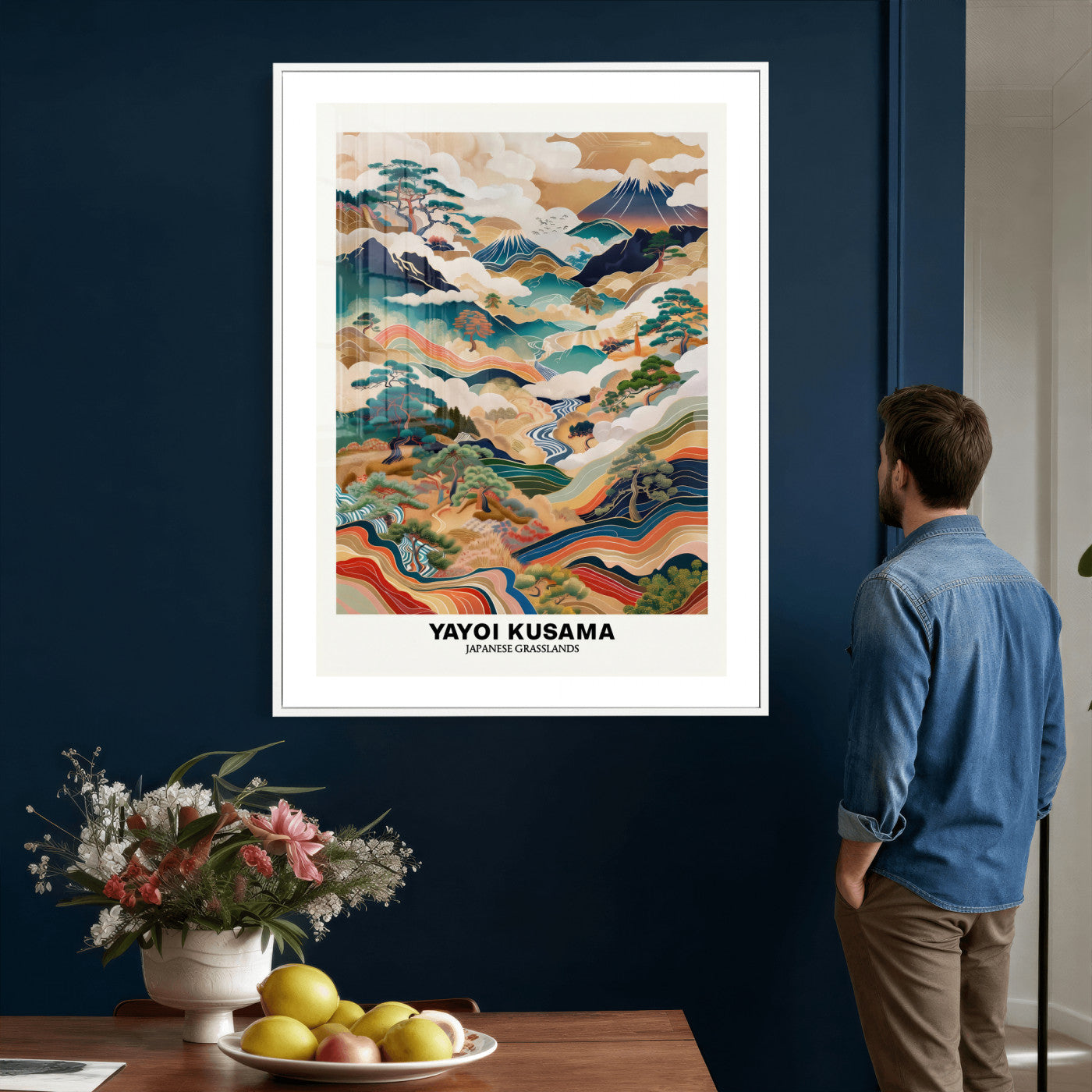 71553303-MGV-CV-24X36 - Yayoi Kusama Japanese Landscape Wall Art Canvas Print, Colorful Mountain and River Framed Artwork, Nature Inspired Asian Scenic Decor for Living Room Bedroom Office