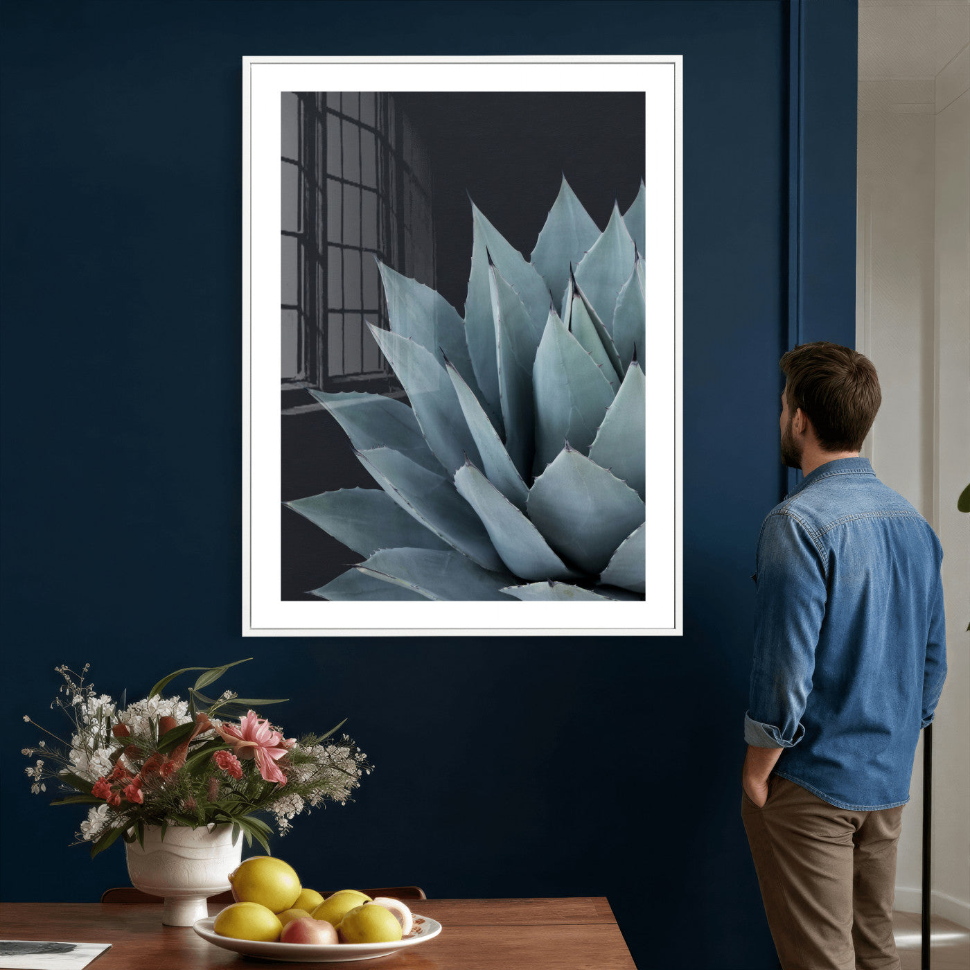 59803798-MGV-CV-24X36 - Agave Wall Art Canvas Print, Blue Green Succulent Botanical Framed Artwork, Minimalist Desert Plant Decor for Living Room Bedroom Office Bathroom