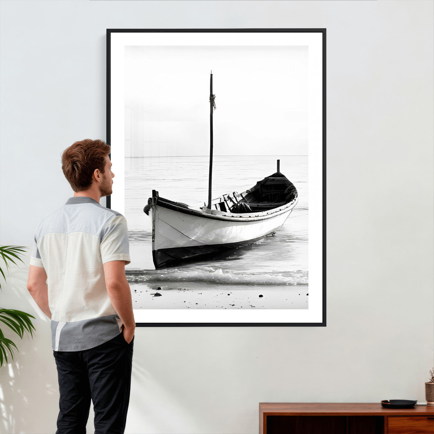 13080776-MGV-CV-24X36 - Minimal Boat Wall Art Canvas Print – Black and White Coastal Photography Artwork Print for Living Room, Bedroom, and Office Decor