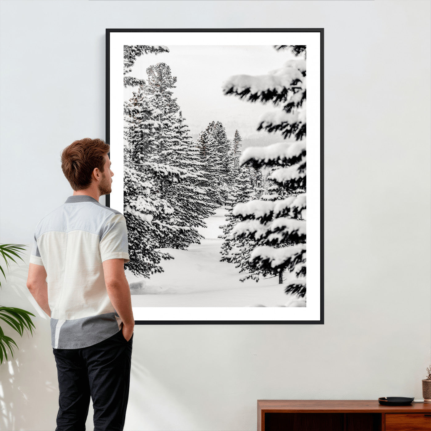 42534505-MGV-CV-24X36 - Snowy Pine Forest Wall Art Canvas Print, Minimal Winter Woodland Landscape, Black and White Nature Artwork