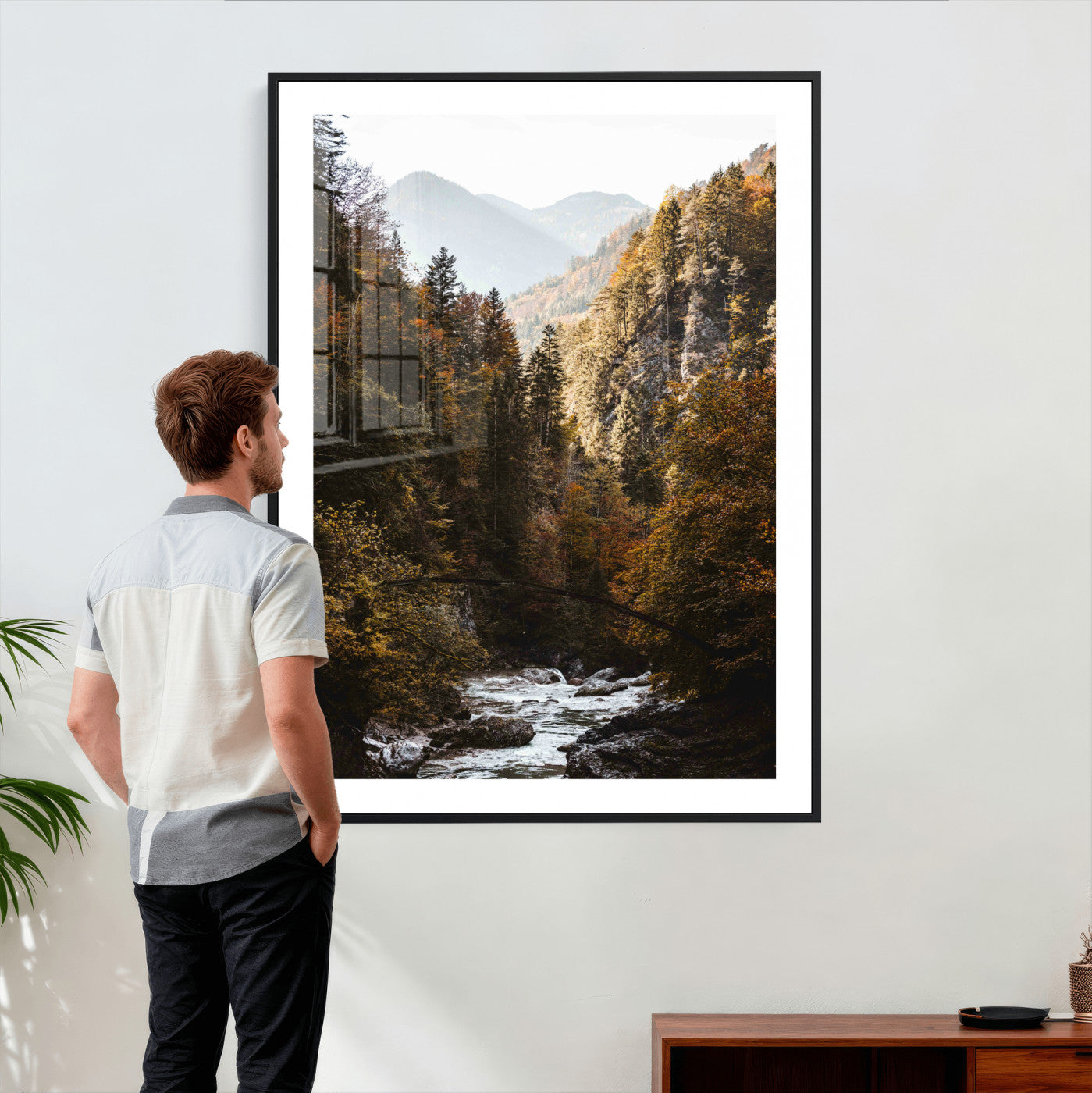 73651627-MGV-CV-24X36 - Autumn Forest Mountain Wall Art Canvas Print, Nature Landscape Wall Decor, Scenic River Forest Artwork, Rustic Woodland Canvas Wall Art, Framed Canvas Wall Art Ready to Hangq