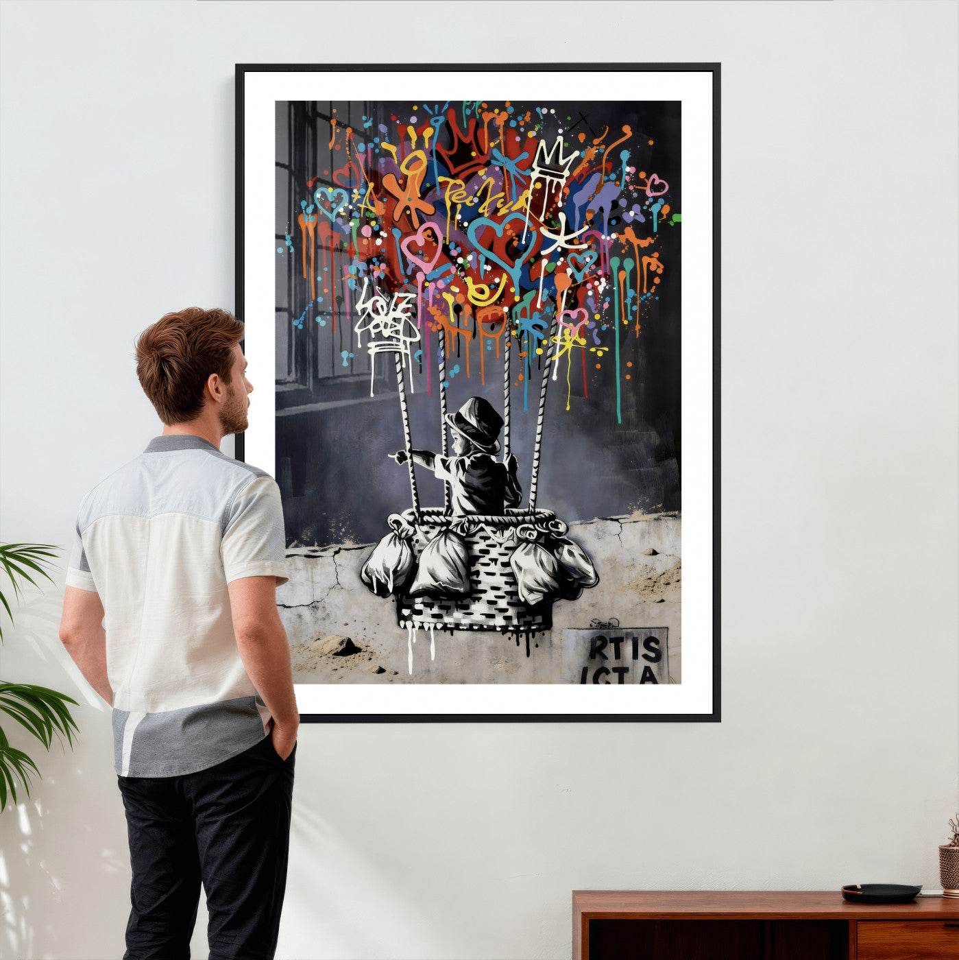 56325542-MGV-CV-24X36 - Banksy Inspired Boy Swing Wall Art Canvas Print, Graffiti Balloon Hearts Street Art, Colorful Urban Mural Artwork for Modern Living Room Decor