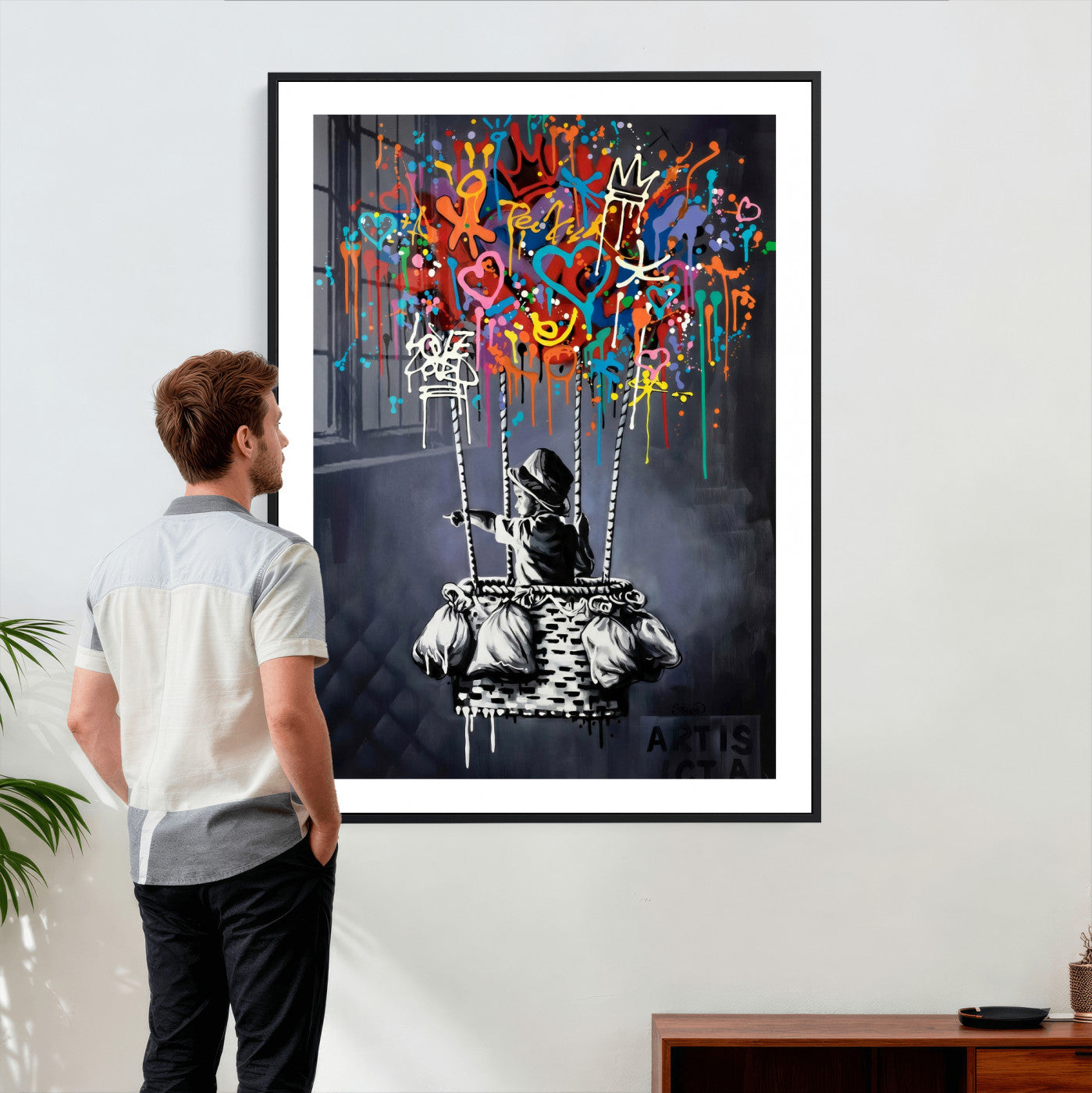 87352999-MGV-CV-24X36 - Banksy Inspired Boy Swing Wall Art Canvas Print, Graffiti Balloon Hearts Street Art, Colorful Urban Mural Artwork for Modern Living Room Decor