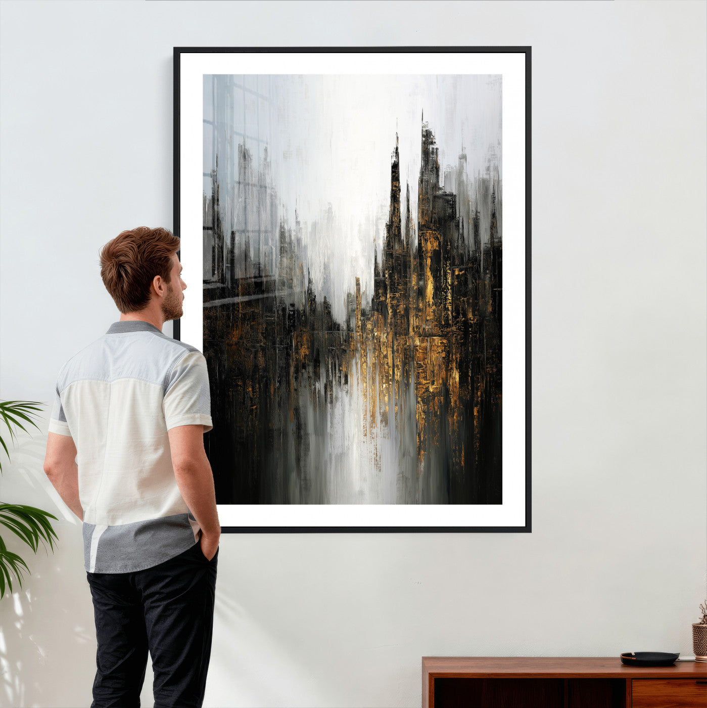 39629486-MGV-CV-24X36 - Abstract Urban Reflection Wall Art Canvas Print, Gold Black Modern Architecture Canvas Print, Contemporary Moody City Artwork for Living Room Decor